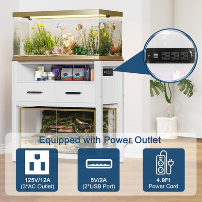 20-29 Gallon Fish Tank Stand with Power Outlet & 2 Storage Drawers, Heavy Duty Metal Frame Aquarium Stand with Waterproof Mat, 30.7" L*15.7" W Tabletop, 550LBS Capacity, White+Brown