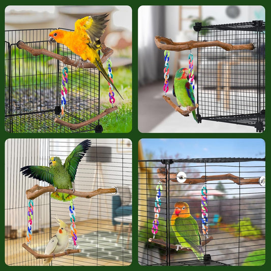 Bird Swing Toys, Standing Bird Perch with Natural Grape Wood, U Shape Hangable Birdcage Accessories, Birds Chewing Toy for Budgerigars, Parakeets, Cockatiels, Conures, Lovebirds, Finches (2Pack)
