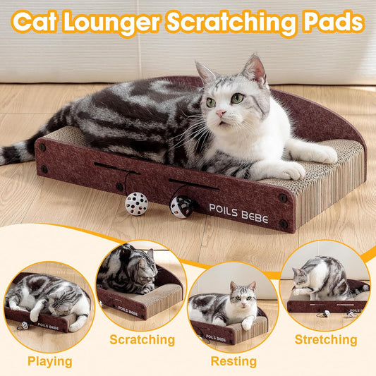 Poils Bebe 21 Inch Sofa Cat Scratcher, Small Cat Scratcher Cardboard with Bell Balls, Durable Couch Lounger for Indoor Cats, Cat Scratch Furniture Protector with Catnip, Cat Toys