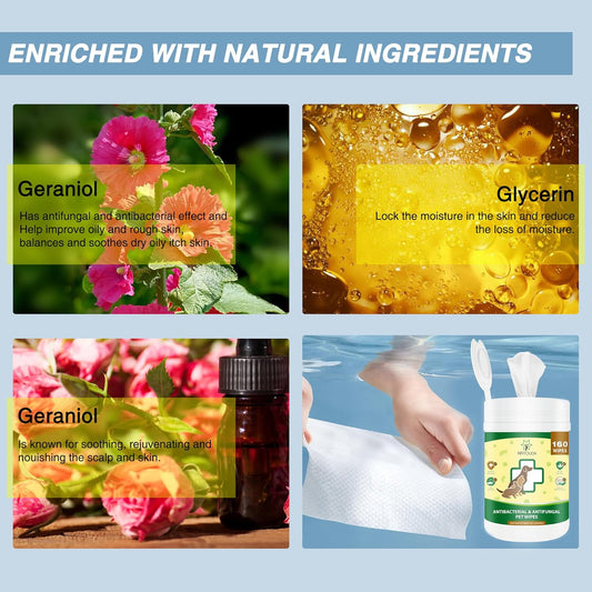 Antifungal and Antibacterial Wipes for Dogs & Cats, Dog Yeast Infection Treatment Wipes, All Natural Grooming Wipes for Cleaning, Help with Hot Spots, Ringworm, and Skin Infections, 160 Count