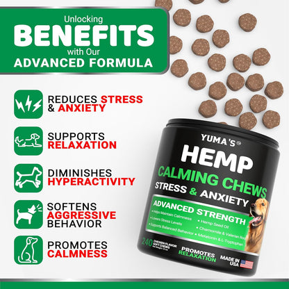 Hemp Calming Chews for Dogs - 240 Treats - Advanced Dog Calming Chews - Anxiety Relief Supplement Treats with Melatonin - Sleep Aid for Separation, Barking, Stress, Hip and Joint Support Made in USA