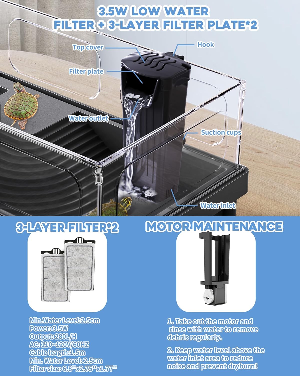 Small Turtle Tank Kit, Acrylic Turtle Tank Starter Kit with Basking Platform, Bottom Drainage, Multi-Function Areas for Turtles, Crabs, Crayfish, Small Reptiles. (Black Kit) - Pawvie