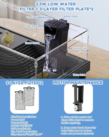 Small Turtle Tank Kit, Acrylic Turtle Tank Starter Kit with Basking Platform, Bottom Drainage, Multi-Function Areas for Turtles, Crabs, Crayfish, Small Reptiles. (Black Kit) - Pawvie