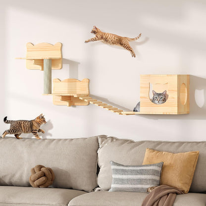 Cat Wall Shelves, Cat Wall Furniture Pine Wooden Feline Shelf, 5 Piece Shelves and Perches with Bed, House, Steps, Bridge Ladder and Scratching Post