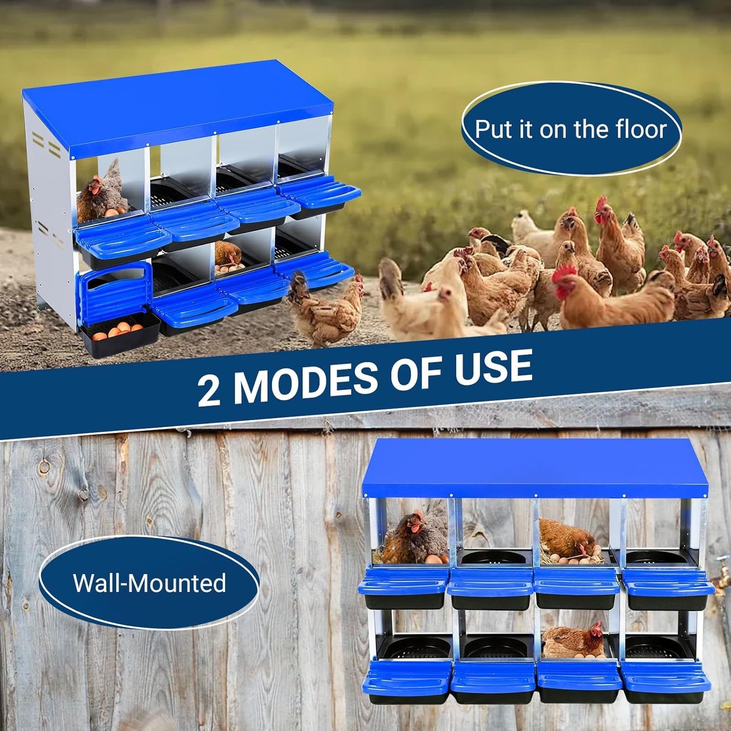 Chicken Nesting Box, 8 Hole 2 Layer Hen Nest Boxes, Roll Away Eggs Laying Boxes,Cleanable Pull Out Hen Roosting Boxes