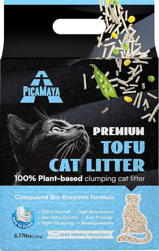 Premium Tofu Cat Litter by PicaMaya - Flushable, Baby Powder Scent, Dust-Free, Fast Clumping, 100% Natural Eco-Friendly - Easy Scooping and Long-Lasting Odor Control - 2.8kg (6.2lb) Pack.