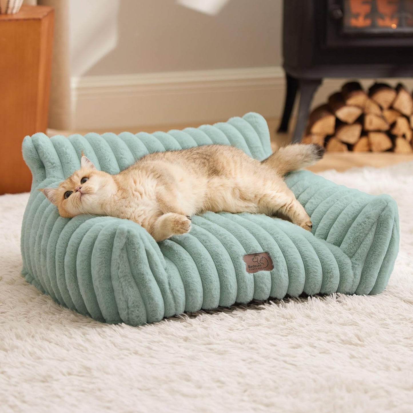Bedsure Cute Cat Couch for Pets - Fluffy Cat Sofa with Premium Soft Corduroy Fleece, Fuzzy Pet Couch Bed with Removable Washable Cover, Supportive Pet Chair for Indoor Cats, 24inch, Garden Green