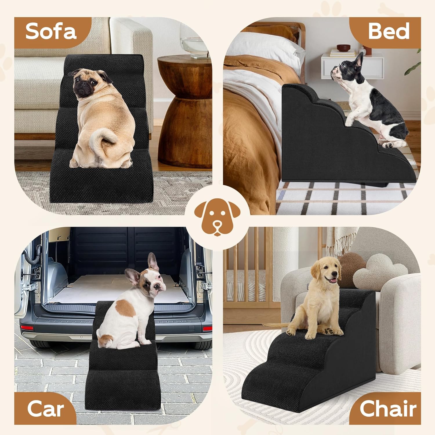 Dog Stairs, Romrol Dog Steps Ramp for High Bed and Couch, Dogs Ramp with Durable Non-Slip Waterproof Fabric Cover, Pet Stairs for Small Dogs and Cats or Pets Joints, 4-TiersBlack - Pawvie