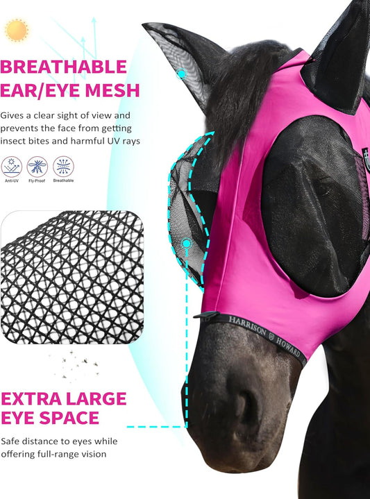 Harrison Howard Horse Fly Mask with Forelock Opening Stretch Breathable and Comfortable for Horses UV -Protection Fuchsia M