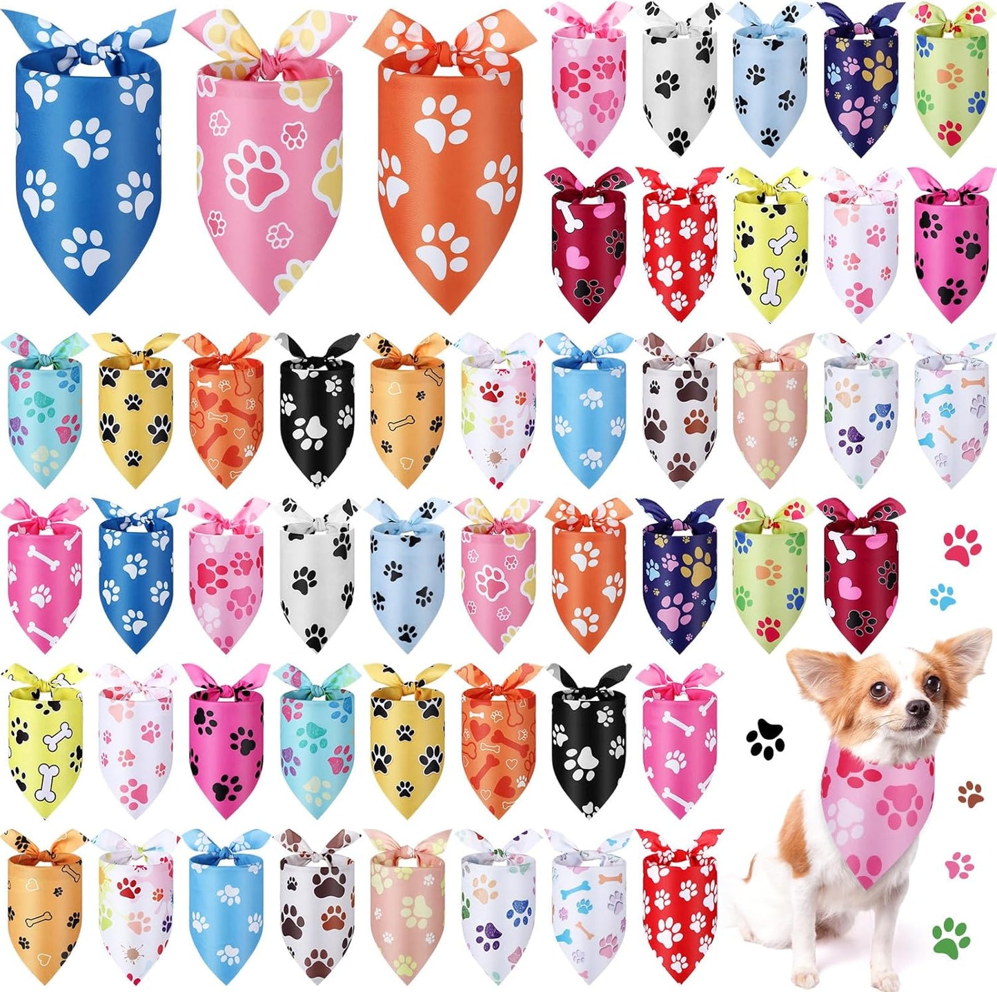 Abbylike 50 Pcs Paw Print Dog Bandanas Bulk Cute Footprint Bandanas for Dogs Triangle Kerchief Bib Scarf for Pets Halloween Party Costume Photo Props Daily Accessories Pet Shops (31.5 x 21.7 x 21.7)