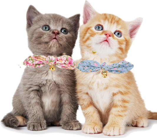 2 Pack Breakaway Cotton Cat Collars with Cute Bunny Ear Bowtie and Bell, Floral Female Male Kitten Collars(Pink & Blue)