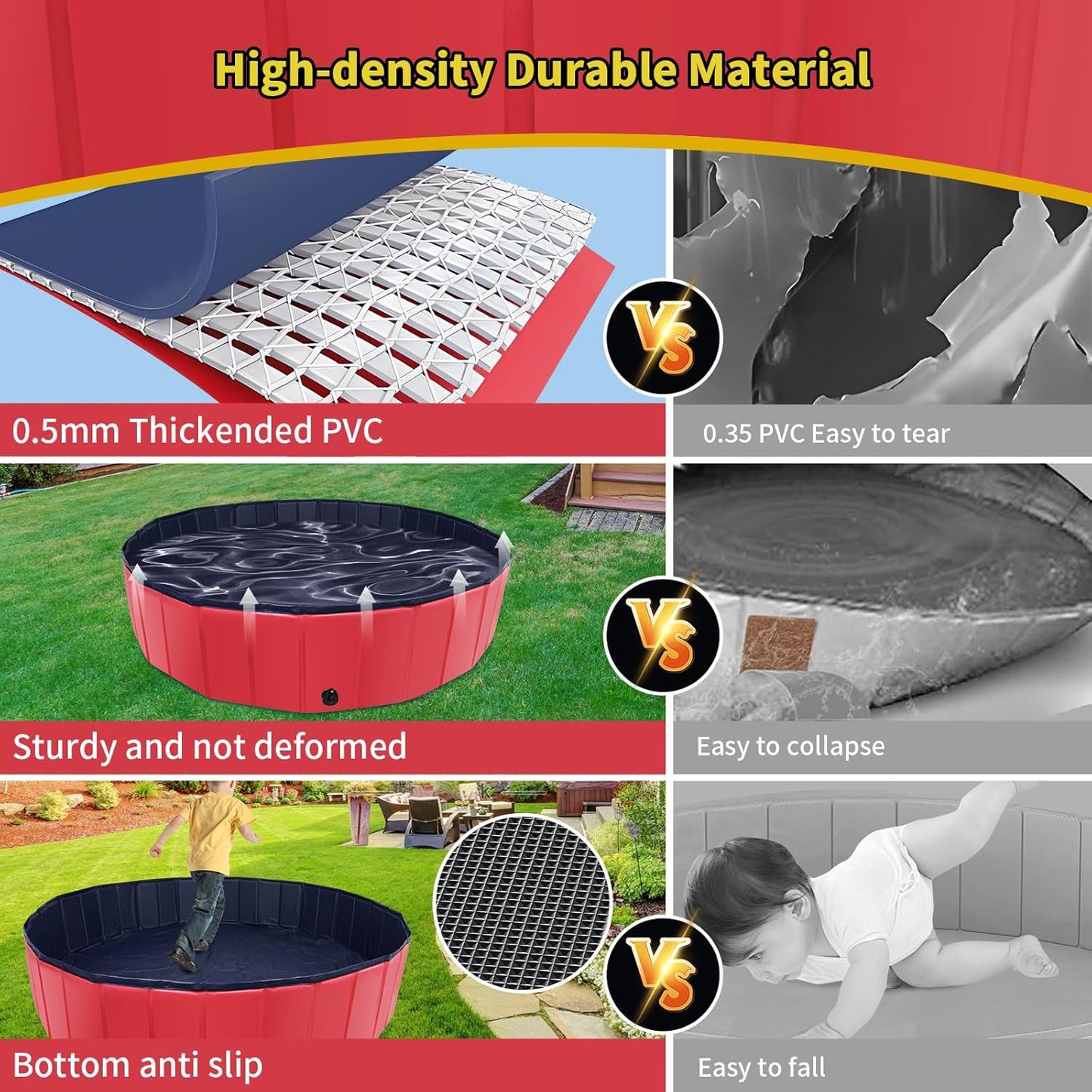 Foldable Dog Pool, 39" x 12" Kiddie Pool with Hard Plastic, Non-Slip Dog Bath Tub for Outdoor Backyard, Collapsible Dog Swimming Pool for Kids Dogs Pets (Red)