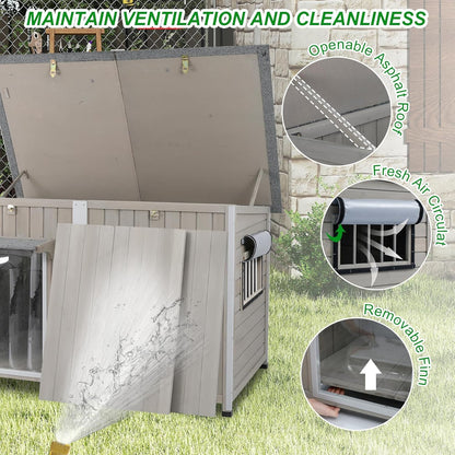 Dog House Outdoor Weatherproof & Wooden Dog Kennel with Chew-Proof Iron Frame，Removable Floor, Adjustable Vent Window, Easy Assembly for Large and Extra-Large Dogs 55.1" D x 33.1" W x 34.8" H