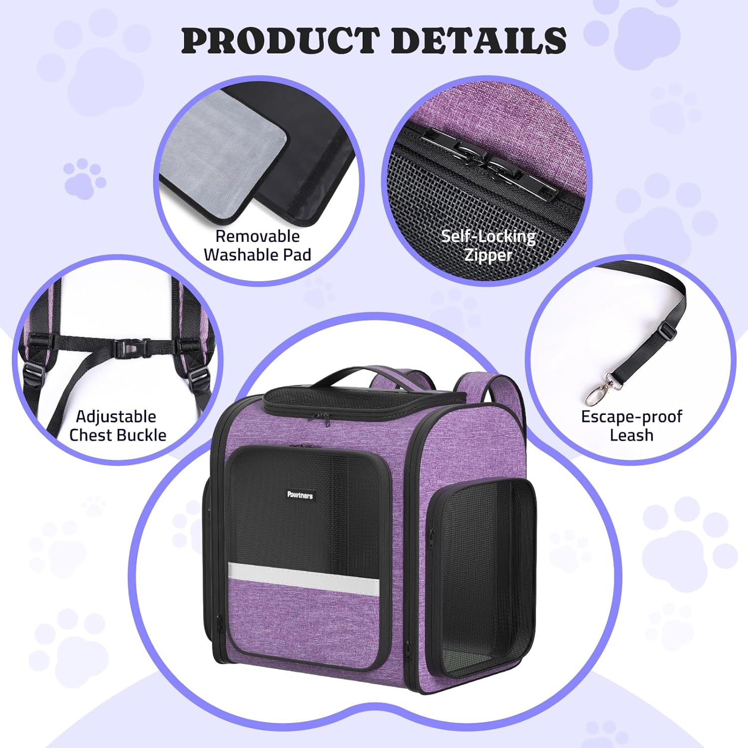 Pawtners Dog Carrier Backpacks Large Cat Backpack with Anti-Scratch Mesh, Foldable Designed Pet Backpack Carrier for Kitten Small Dogs & Large Cats Up to 18 Lbs, Dog Carrier for Travel Outdoor - Pawvie