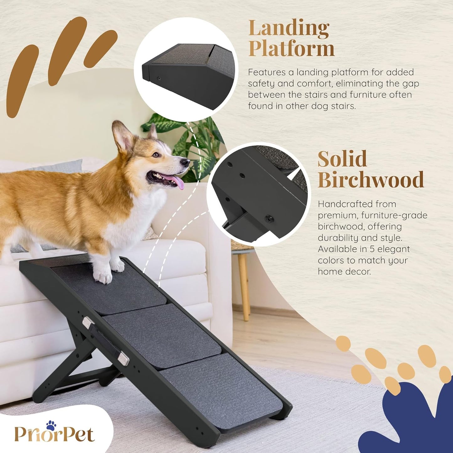 Dog Steps for Bed & Couch 2-in-1 Dog Stairs/Ramp - Height Adjustable Dog Ramp for Couch 7” - 20” - Pet Stairs, Dog Stairs for Small Dogs - Easy to Move Pet Steps with Landing Platform, Black - Pawvie