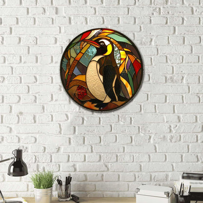 Lygond Metal Sign Tin Sign Circular Stained Glass Penguin Greenhouse Decor for Patio 12×12 Inches