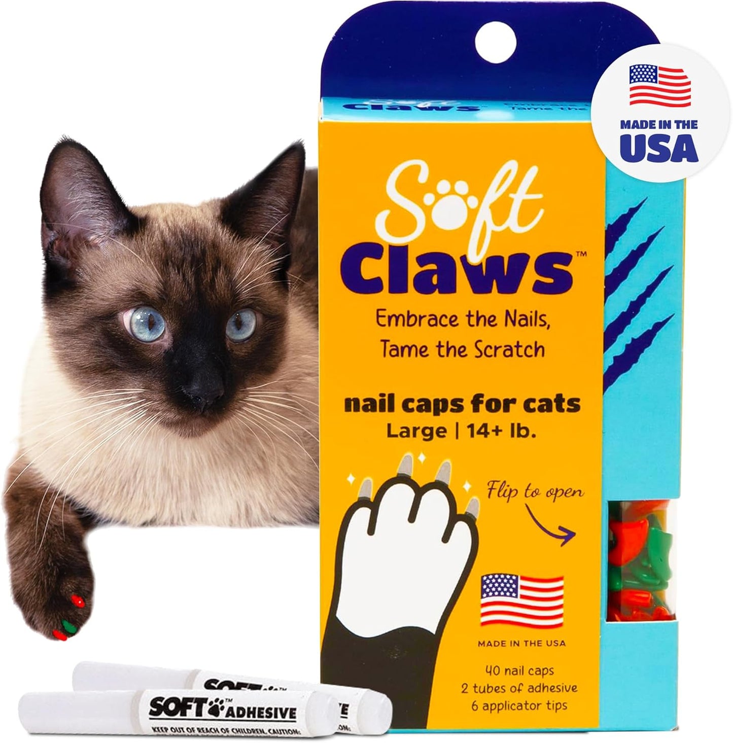 Soft Claws Cat Nail Caps for Large Cats – (40 Caps, Holiday - Green & Red) - Veterinarian-Developed | Protects Furniture & Skin - Easy to Apply, Long-Lasting Anti-Scratch Soft Cat Claw Covers