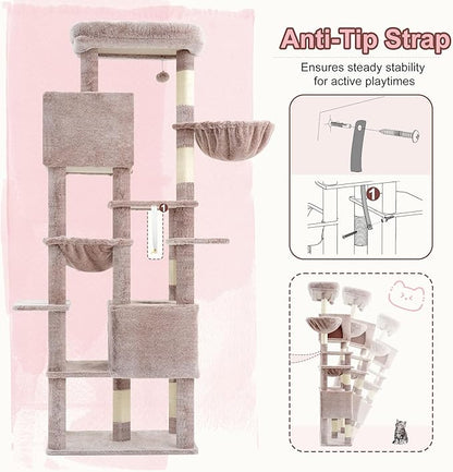 Heybly Cat Tree, 76-Inch Tall Heavy Duty Cat Tower for Big Cats with Extra Wide Baseboard, Multi-Level Large Cat Furniture with 2 Condos & 2 Hammocks, 10 Scratching Posts, Muchroom HCT039MU