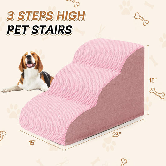 Romrol Dog Stairs Ramp for High Beds Couches, High Density Foam Pet Steps with Durable Non-Slip Waterproof Fabric Cover, Dog Stairs for Small Dogs or Cats or Pets, 3-Step,15 Inch,Pink - Pawvie