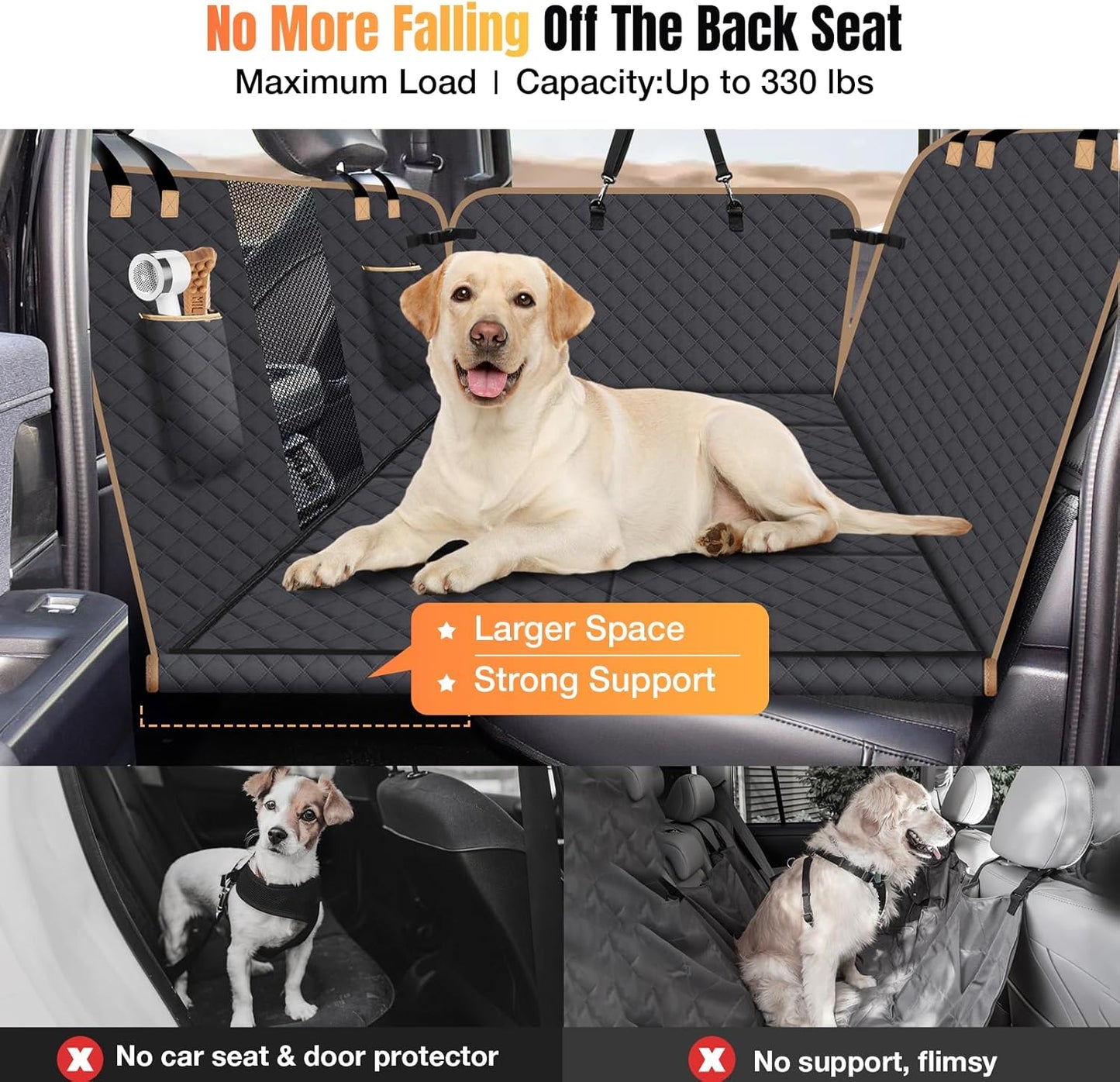 Dog Car Seat Cover for Back Seat, Larger Dog Car Bed Cover with Hard Bottom, Backseat Extender Hammock for Full SizeTruck/SUV 8 Panels - Black - Pawvie