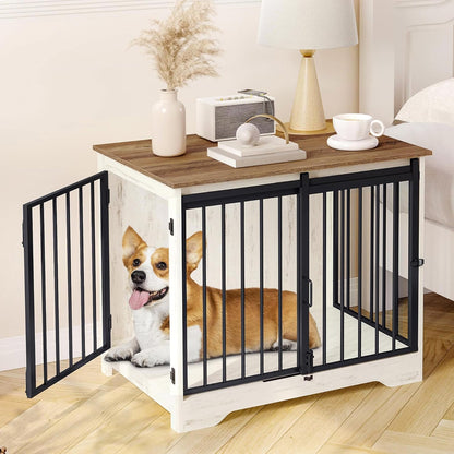 31.9" Dog Crate Furniture with Barn Door, Heavy Duty Dog Kennel Indoor with 2 Doors, Wooden Pet Cage End Table for Small Medium Dogs up to 44 lb, Anti-Chew Anti-Escape, White Brown DFC83614B