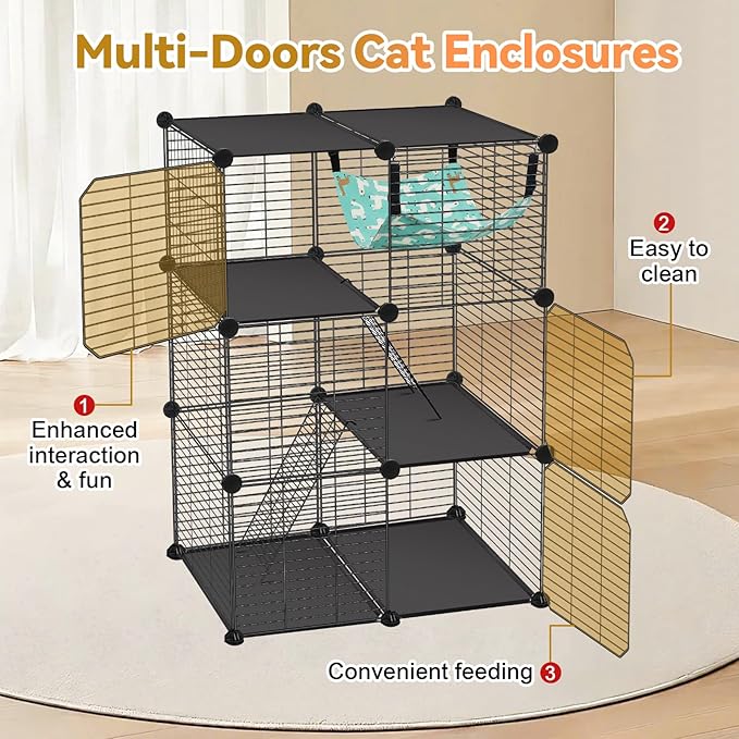 Cat Cage, 3-Tier DIY Catio Cat Enclosures, 24" x 16" x 36" Cat Playpen Indoor & Outdoor with Hammock, Detachable Metal Wire Kennel Cats Crate, 2x1x3 Exercise Place for 1-2 Kitten