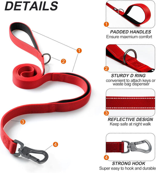TwoEar 5FT 1IN Strong Red Dog Leash with 2 Padded Handles, Traffic Handle Extra Control, Comfortable Soft Dual Handle, Auto Lock Hook, Reflective Walking Lead for Small Medium and Large Dogs