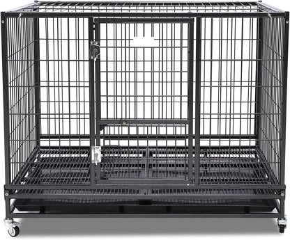 43" Collapsible and Stackable Large Dog Crates, Heavy Duty Dog Kennel Cage Open Top Double Doors W/Feeding Door, Dual Safe Locks, 360° Lockable Casters, Removable Tray & Metal Floor Grids