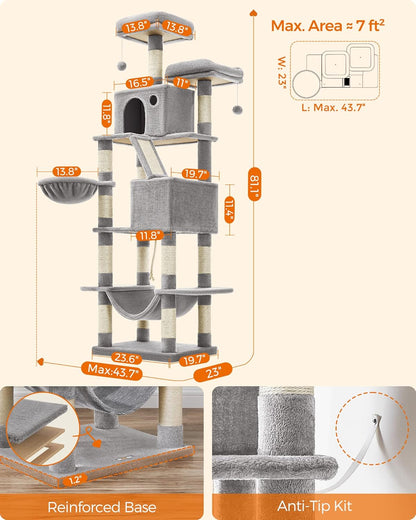 Feandrea Cat Tree, 81.1-Inch Large Cat Tower with 13 Scratching Posts, 2 Perches, 2 Caves, Basket, Hammock, Pompoms, Multi-Level Plush Cat Condo for Indoor Cats, Light Gray UPCT190W01