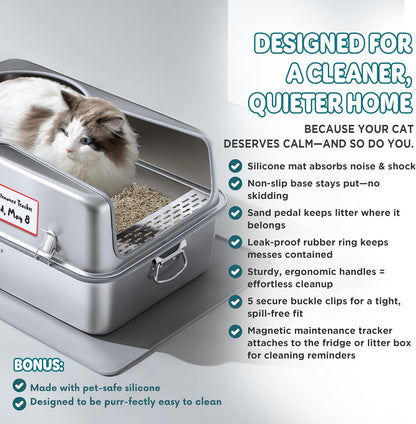 XL Metal Cat Litter Box with Lid – Non-Stick, Odor Control, Stainless Steel, Rust-Resistant, High-Sided – Easy to Clean with Handles, No-Slip Base, Leak-Proof Seal, 5 Clips, Cleaning Tracker