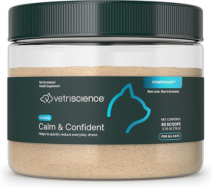 VetriScience Calm & Confident Powder, Composure Calming and Anxiety Supplement for Cats, Reduce Stress and Fear, Ideal for Travel, Vet, Grooming and Routine Changes, Cheese & Chicken Flavor, 60 Scoops