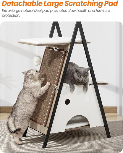 Modern Wood Cat Tree Tower for Indoor Cats Large Adult - 67 Inch Tall Multi-Level Heavy Duty Cat Condo Trees Furniture with Caves Perch Bed Scratching Board - XL Big Sturdy Wooden Kitty House