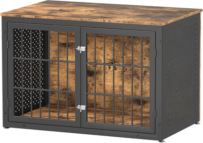 48" Rustic Heavy Duty Dog Crate Furniture for Extra Large Dogs, Metal Kennel for High Anxiety Dogs, Wooden Cage Furniture Indoor, Decorative Dog Kennel End Table, XL