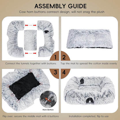 Extra Large Cat Tunnel Bed, 4 Ways Tunnels for Indoor Cats, Multi-cat Family Peekaboo Cave & Cat Bed, Plush Cat Donut with Washable Middle Mat, Exit Balls, Pet Play Toy for Kitten Puppy Rabbit