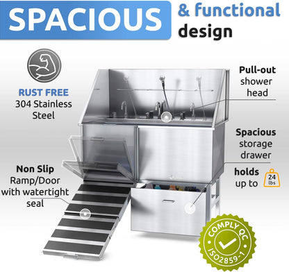 KANIS Professional Dog Washing Station - 304 Stainless Steel Pet Wash Sink & Grooming Bath Tub for Home with Ramp, Shower, Floor Grate, Storage Drawer, Faucet, Drain Kit for Large, Medium & Small Pets