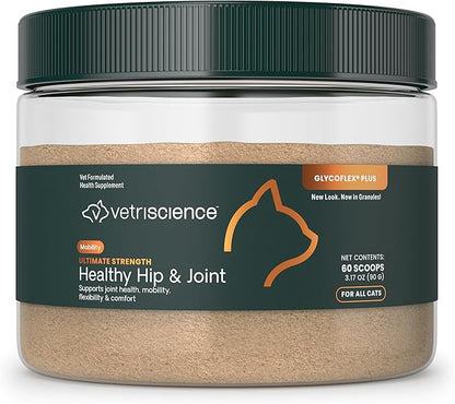 VetriScience Ultimate Strength Healthy Hip & Joint Powder, Glucosamine, Chondroitin and Green Lipped Mussels for Cats, Soothe Joint Discomfort, Cheese & Chicken, 60 Scoops