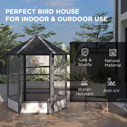 PawHut 69" Large Wooden Hexagonal Outdoor Aviary Flight Bird Cage with Covered Roof, Light Gray