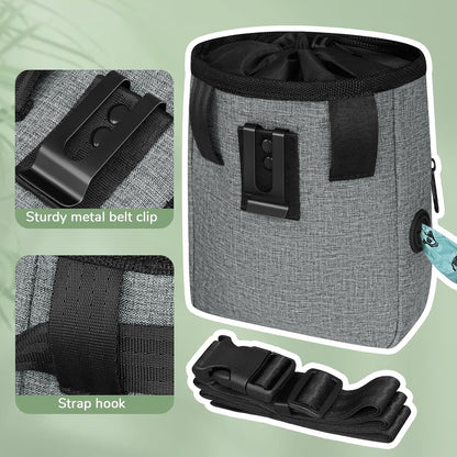 Upgraded large-sized Dog Treat Pouch with waist clip - Fashionable Green&Grey Design - Large Capacity Dog Treat Bag for Dog Walks,Outdoor Activities, Travel and Training - Includes 1 Poop Bags