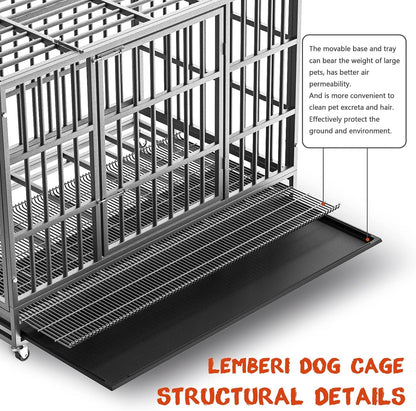 LEMBERI 48/38 inch Heavy Duty Indestructible Dog Crate, Escape Proof Dog Cage Kennel with Lockable Wheels,High Anxiety Double Door Dog Crate,Extra Large Crate Indoor for Large Dog with Removable Tray