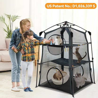 Extra Large Catio Outdoor Cat Enclosure,3 Tier Cat Tower Tent Weatherproof & Sunproof with 3 Doors, Foladable and Portable for Patio, Deck,Camping, Indoor & Outdoor(Patented)-Wave Shade