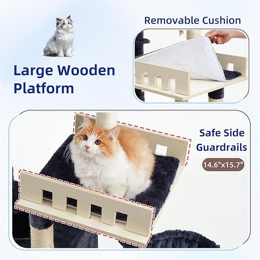 Cat Tree for Indoor Cats Large Adult, Heavy Duty Cat Tree for Large Cats 20 lbs+, Cat Condo with Big Wooden Perch, Cat Tower with 14 Scratching Posts, Hammock, Smoky Gray GCT023G