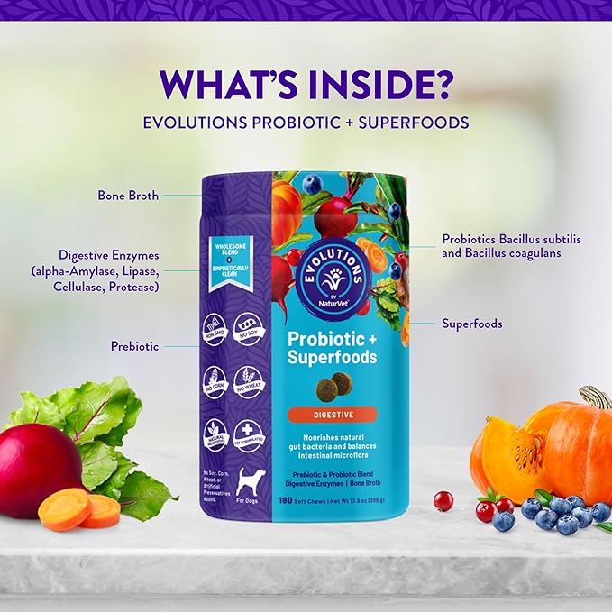 NaturVet Evolutions Probiotic & Superfoods 90ct Soft Chews for Dogs - Prebiotic & Probiotic Blend, Digestive Enzymes, Bone Broth, Omega's - Nourishes Natural Gut Bacteria and Intestinal Microflora