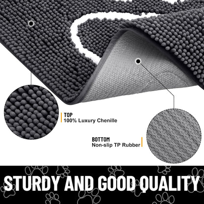 Smiry Dog Door Mat for Muddy Paws, Absorbent Dirt Trapper Non Slip Quick Dry Washable Chenille Mat for Mud Dogs, Entry Rug for Indoor and Outdoor (47x24 Inches, Dark Grey and White)
