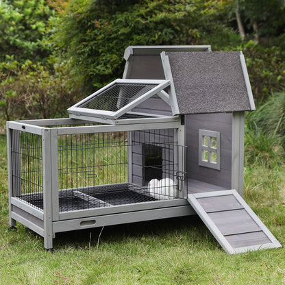 Indoor Rabbit Hutch Bunny Cage with 4 Casters, Bunny Hutch -Removable Wire Grate