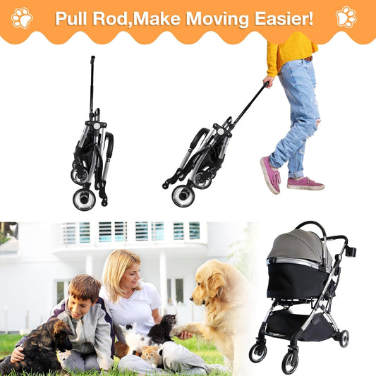 Dog Stroller for Small Medium Dogs, 3 in 1 Folding Pet Stroller Up to 33 lbs, 4 Wheels Pet Strolling Cart with Zipperless Entry, Cat Dog Travel Carrier with Telescopic Handle and Storage Basket - Pawvie