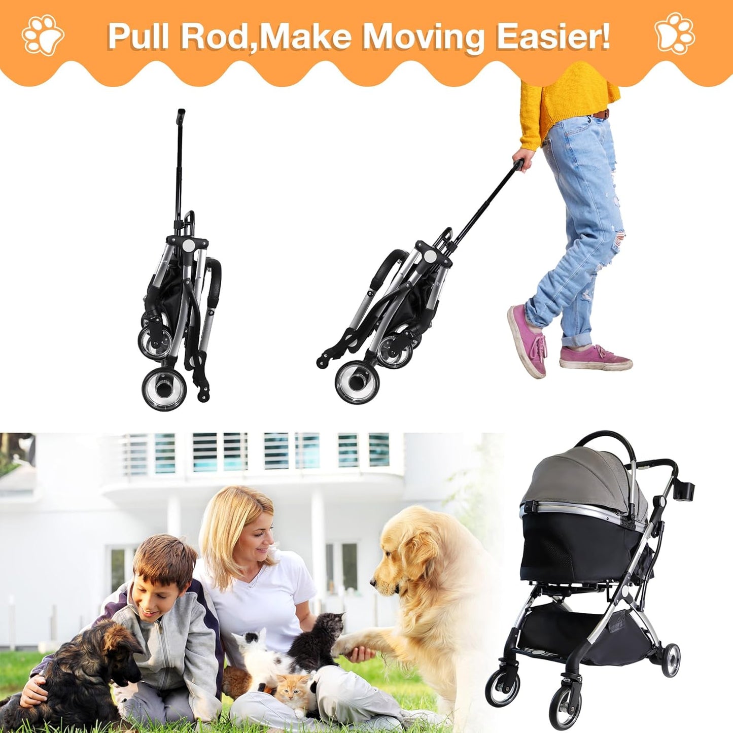 Dog Stroller for Small Medium Dogs, 3 in 1 Folding Pet Stroller Up to 33 lbs, 4 Wheels Pet Strolling Cart with Zipperless Entry, Cat Dog Travel Carrier with Telescopic Handle and Storage Basket - Pawvie