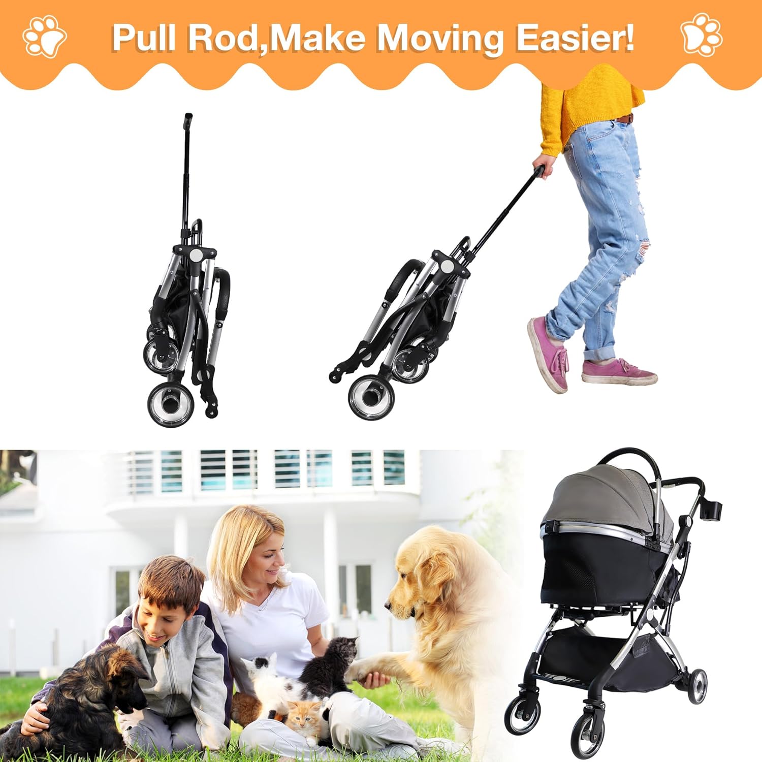 Dog Stroller for Small Medium Dogs, 3 in 1 Folding Pet Stroller Up to 33 lbs, 4 Wheels Pet Strolling Cart with Zipperless Entry, Cat Dog Travel Carrier with Telescopic Handle and Storage Basket - Pawvie