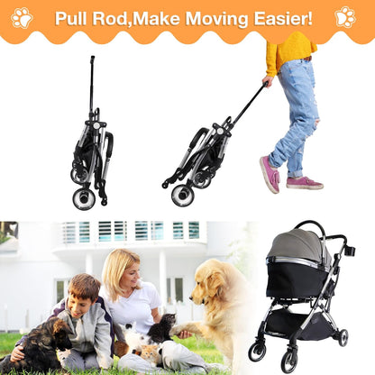 Dog Stroller for Small Medium Dogs, 3 in 1 Folding Pet Stroller Up to 33 lbs, 4 Wheels Pet Strolling Cart with Zipperless Entry, Cat Dog Travel Carrier with Telescopic Handle and Storage Basket - Pawvie