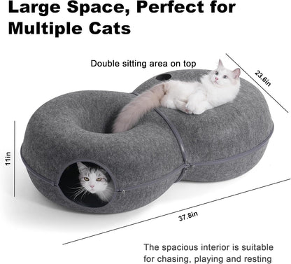 8-Shaped Large Cat Tunnel Bed for Indoor Cats, Infinite Circulation Peekaboo Cat Cave with 12 Toy Balls, Cat Donut Tunnel for Cats up to 30 Pounds (Dark Grey, L 38x24x11in)