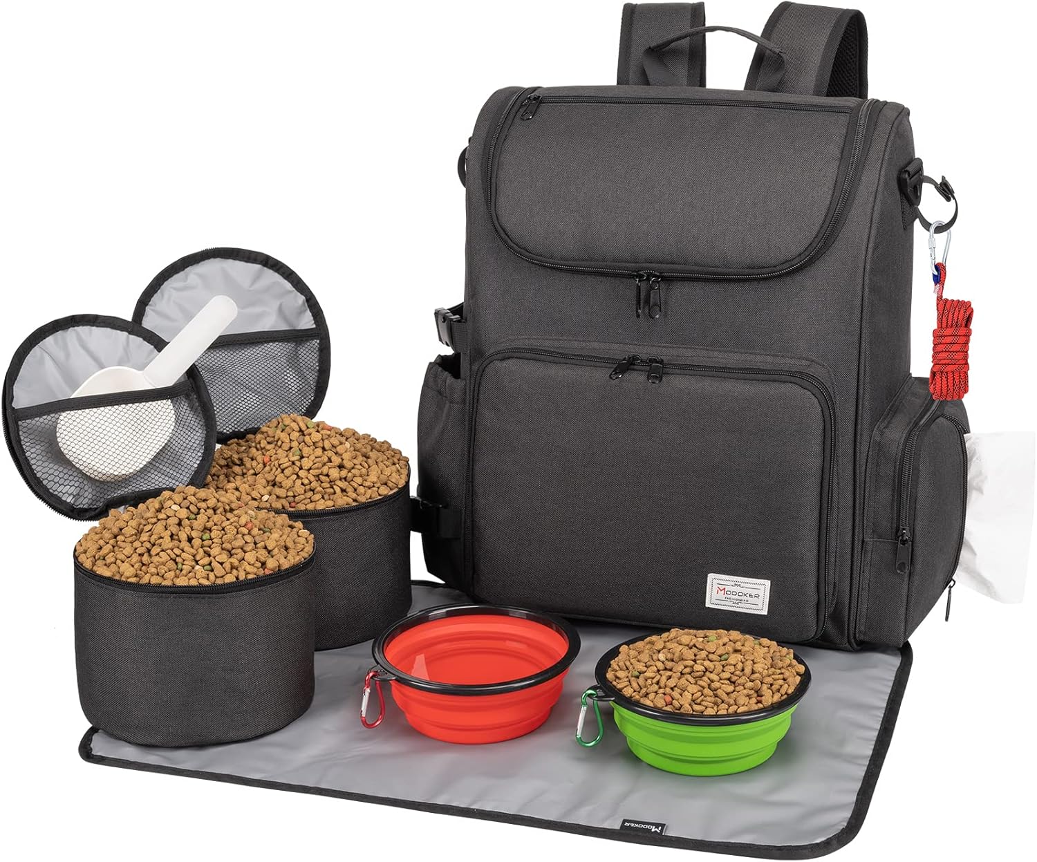 Modoker Dog Travel Bag Backpack, Airline Approved Pet Accessories Organizer for Dog and Cat with Shoulder Strap, 2 Dog Food Storage Containers, 2 Collapsible Dog Bowls,1 Pet Mat, Black - Pawvie